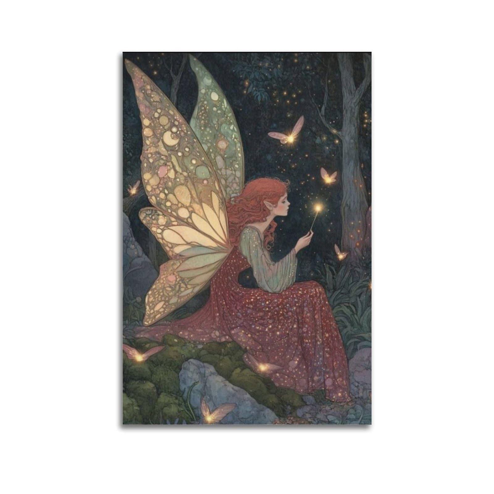 HANTOTN Fairy with Sparkling Wings in Enchanted Night Forest Artistic Wall Mural Modern Hanging Decor Poster12x18inch(30x45cm)