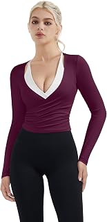 SUUKSESS Women Pilates Wrap Workout Cropped Top Ribbed Long Sleeve V Neck Tie Front Ballet Yoga Shrug Blouse