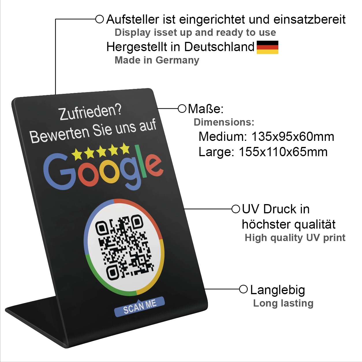 Google Bewertungs Aufsteller Schild Display für Unternehmen Laden Shops Restaurants. QR Code und NFC (V1 Weiß Medium)