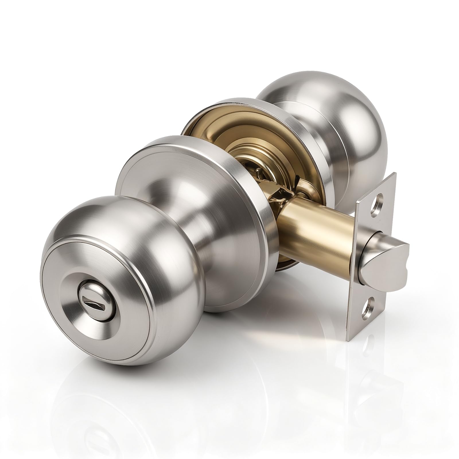 Brotima Satin Nickel Round Privacy Knob Set,Keyless Door Knob for Bedroom & Bathroom Internal Doors,Door Lock Set with Adjustable Latch (60mm/70mm)