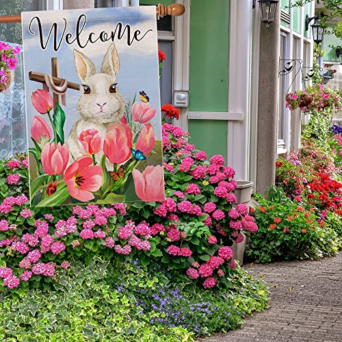 Hexagram Easter Flags 28 X 40 Double Sided, Bunny Welcome Large Easter Garden Flag, Spring Tulip Flowers Outdoor Decor For Yard Patio Lawn, Decorative Burlap Farmhouse Easter House Flag, Spring Flag #TOP3