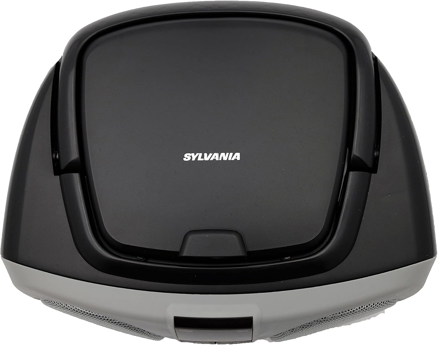 മുകളിൽ view സിൽവാനിയ SRCD243 പോർട്ടബിൾ സിഡി പ്ലെയറിന്റെ, സിഡി കമ്പാർട്ട്മെന്റ് കാണിക്കുന്നു