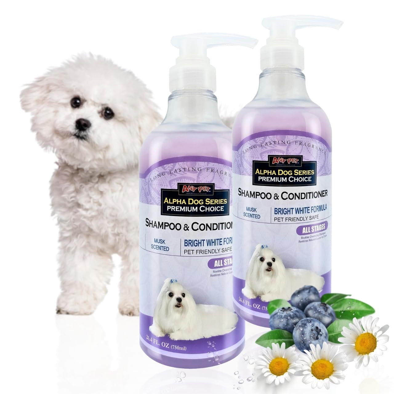 Alpha Dog Series Bright White Natural Whitening Dog Shampoo and Conditioner for Dogs with Aloe Vera, pH Balanced Dog Shampoo and Conditioner Set, Tear-Free for Sensitive Skin 26.4 Oz (Pack of 2)