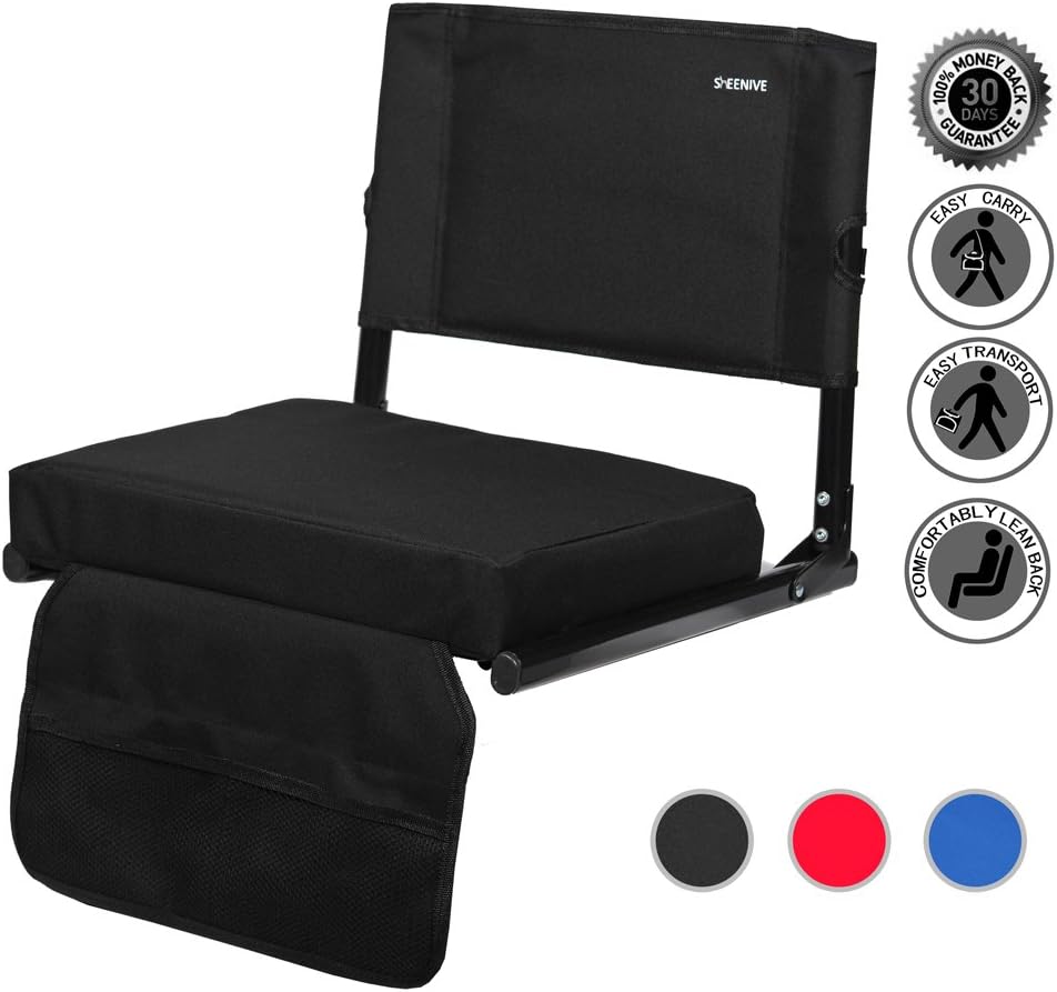 Sheenive Stadium Seat - Wide Padded Cushion Stadium Chairs Seats for Outdoor Bench Bleachers with Leaning Back Support and Shoulder Strap - Perfect for NFL & Baseball etc Games, Black