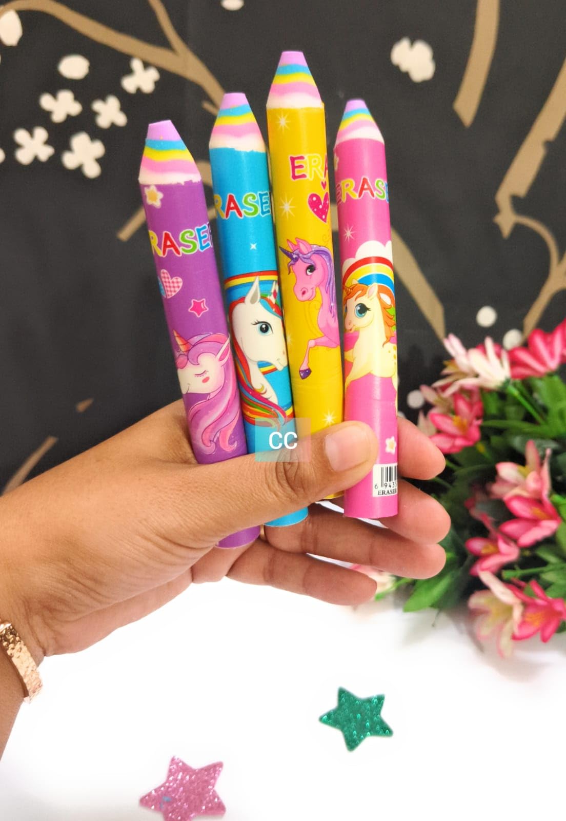 CLICKETY CLACK Beautiful Candy Long Eraser Jumbo Pencil Shaped Dust Free Erasers for Girls Boys Adults/School Stationery Gifting idea Best for Return Gift (Pack -4) (Unicorn)