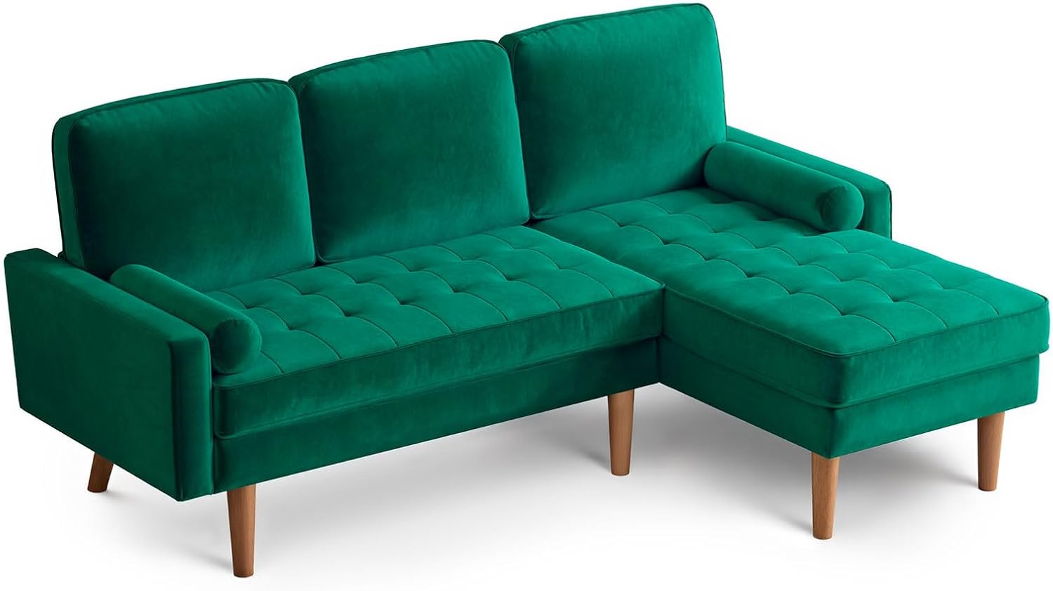 ONBRILL L Shaped Couch, Small Sectional with Chaise, Mid-Century Style L Shape Sofa with Bolster Pillows, Velvet Tufted Sponge Cushion, Vintage Couch for Living Room, Apartment, Small Space, Green