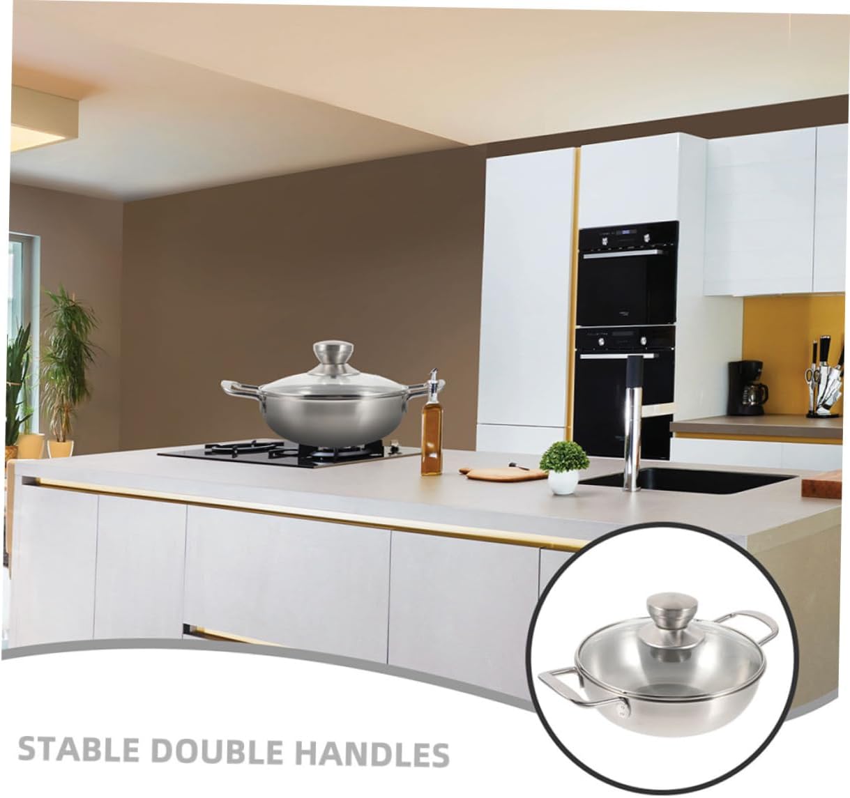 1set Household Double Handle Stainless Steel Wok Portable Cooking Pan for Home Kitchen - Cookware for Stir-frying and Hot Pot Ergonomic Design Insulated Handles