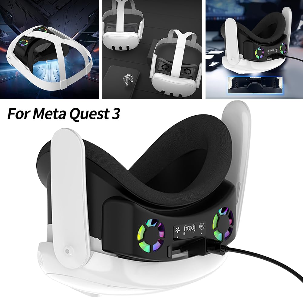 Ventilador de refrigeración para auriculares Meta Quest 3 VR, ventilador de refrigeración RGB recargable con luz RGB con almohadilla nasal antifugas, ventilación de circulación de aire para
