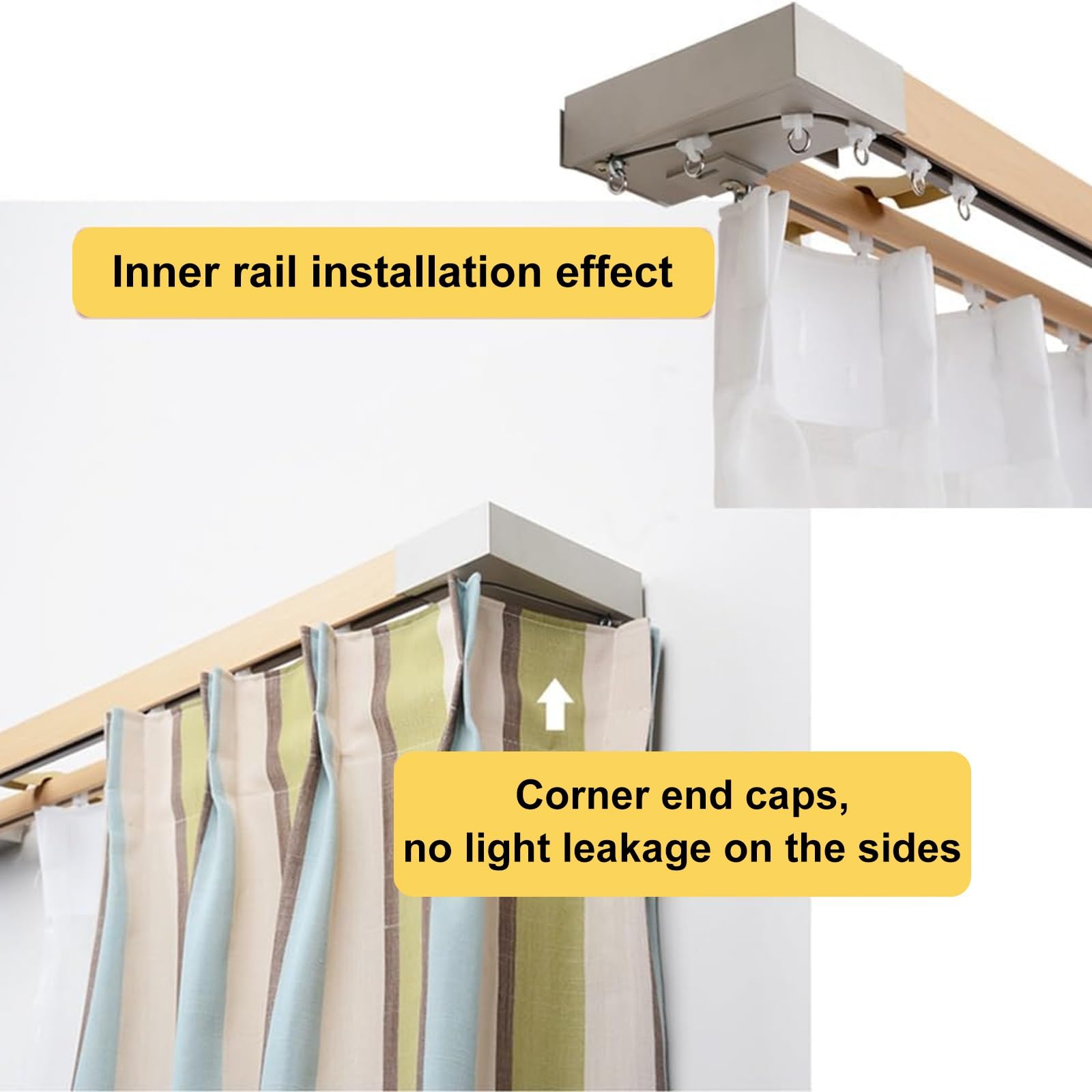 Wytrzymałe podwójne karnisze, aluminiowy, cichy system szyn z wykończeniem słojów drewna, 200 cm, do rozdzielacza pomieszczenia, gładkie, ciche rolki dla łatwej obsługi