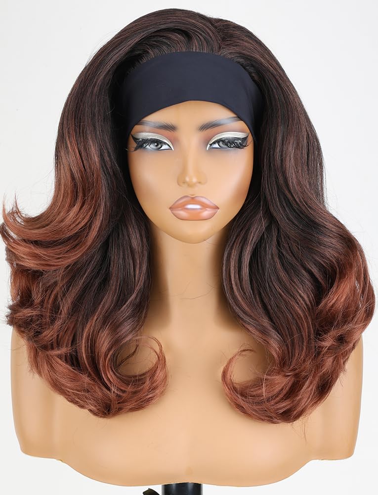 New Yaki Wave Headband Wig Ombre Brown Voluminous Synthetic Hair Glueless Latisha Layered Half Wigs 18" High Temperature Fiber 4C Hair Texture for Black Women Wear and Go