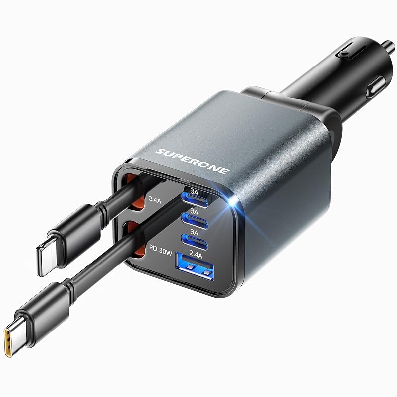 Carregador veicular retrátil SUPERONE 6 em 1 com cabos USB-C e Apple, 69 W, cinza