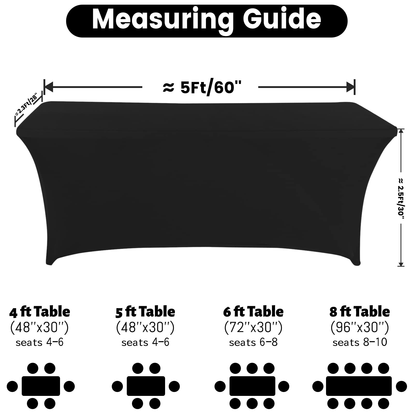 Mantel de elastano ajustable de poliéster de 5 pies, mantel elástico para mesa, con espalda abierta, color negro 5