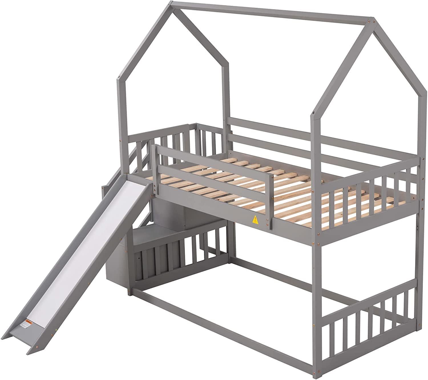 (incomplete box 2 of 2) DNYN Stairway Twin Bunk Bed with Slide & Storage Shelves,Solid Wood House Bunkbeds w/Safety Guardrails,Guest Room Furniture,Perfect for Kids and Adults,No Box Spring Needed, Gray