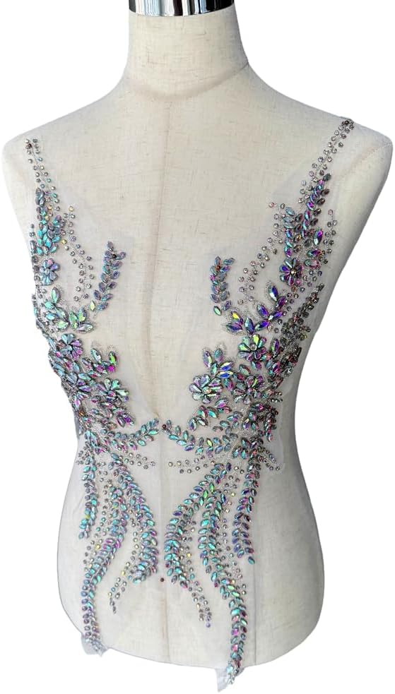 Beaded Rhinestones Applique for Prom Dresses,Large Bcodice Applique,Sparkling Bridal Gown Embellishment (AB Color)