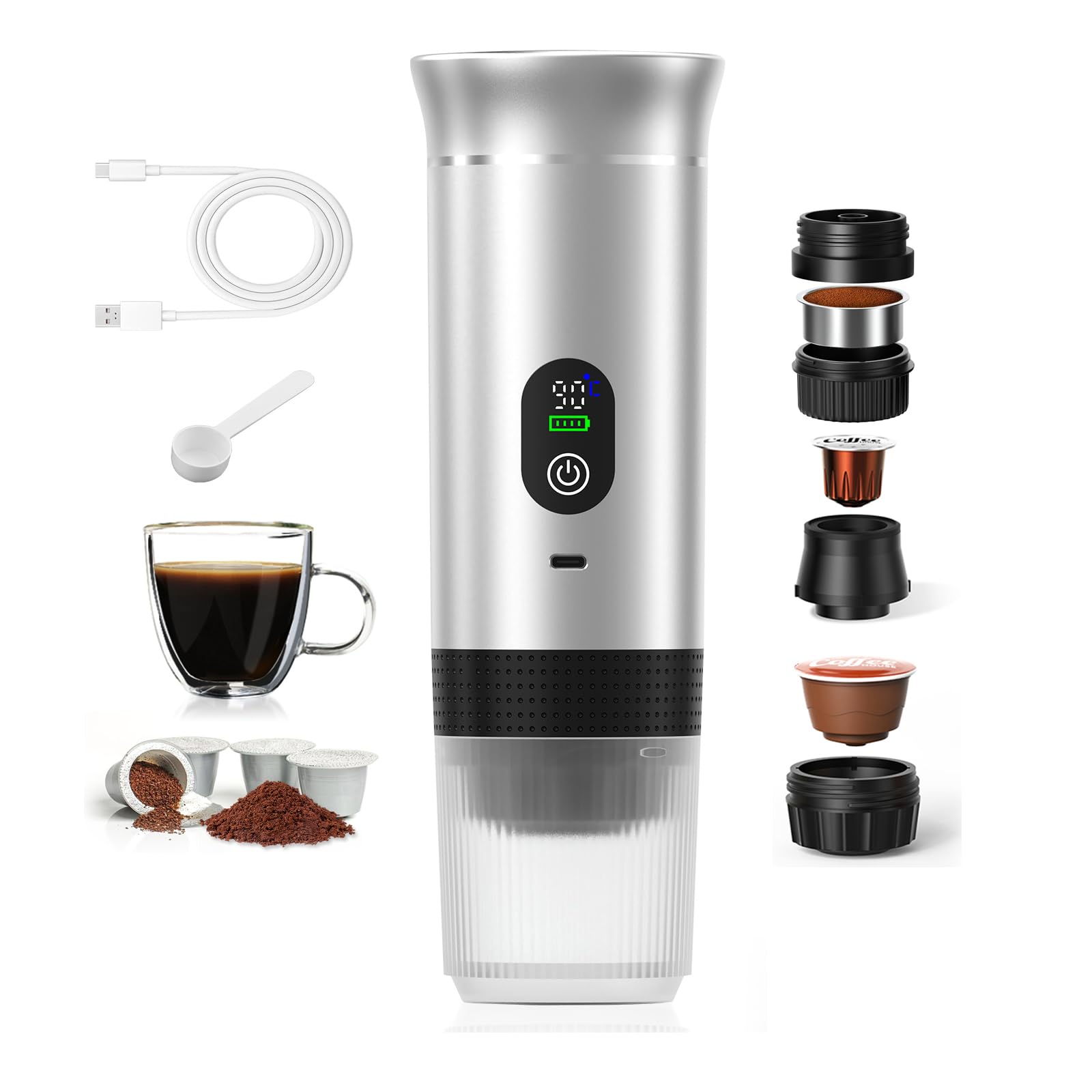 Caffettiera Portatile Riscaldamento Rapido 80ml 20 Bar (Argento) | Display Intelligente Temperatura Compatibile Cialde & Caffè Macinato, 7500mAh USB-C, Ideale per Viaggi & Ufficio