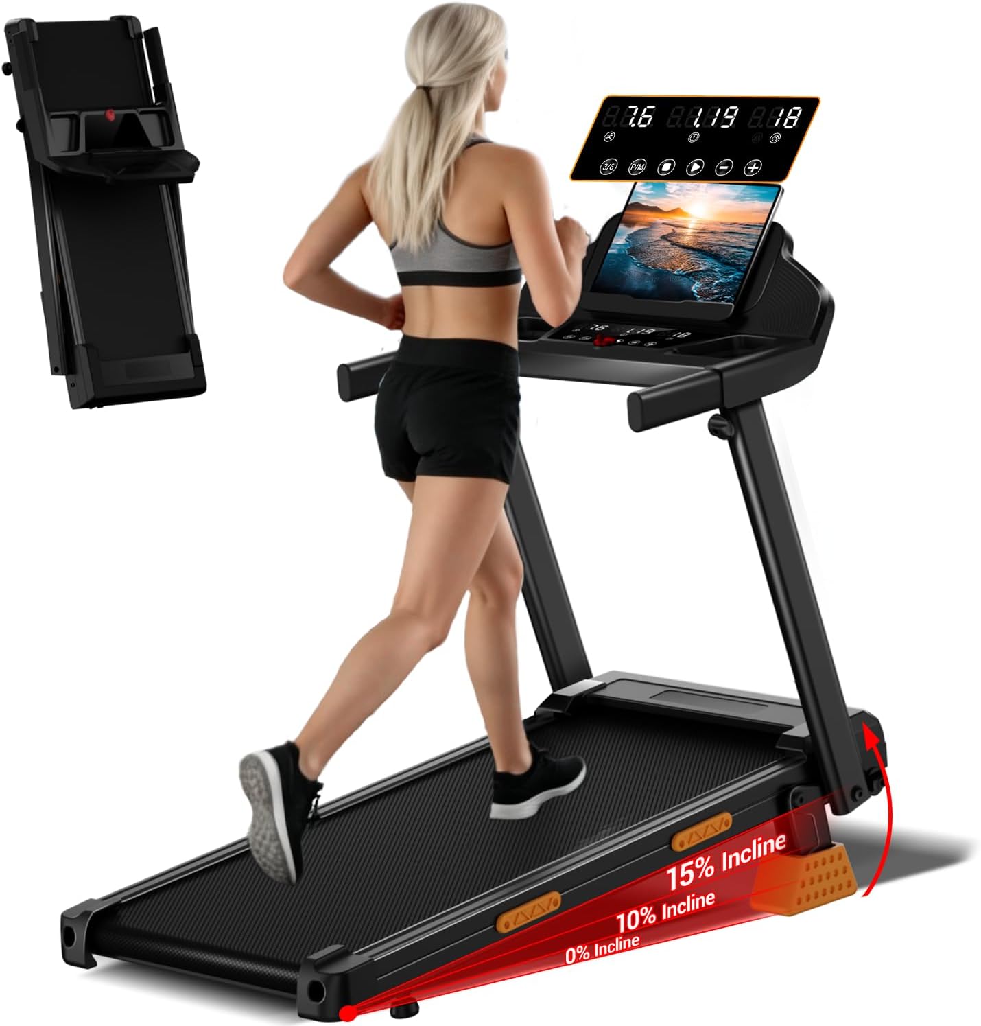 LONTEK Treadmills for Home with 15% Incline & Led Screen, 7-Layer Shock-Absorbing Foldable Treadmill with Handle Bar Up to 400lbs Capacity, 3.0HP Quiet Walking Pad Treadmill 0.6-7.5MPH