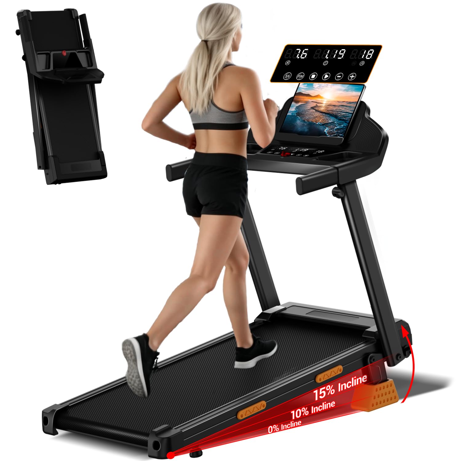 LONTEK Treadmills for Home with 15% Incline & Led Screen, 7-Layer Shock-Absorbing Foldable Treadmill with Handle Bar Up to 400lbs Capacity, 3.0HP Quiet Walking Pad Treadmill 0.6-7.5MPH