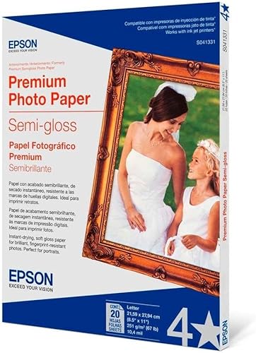 Epson Papel fotográfico prémium SEMI-GLOSS (8.5 x 11 pulgadas, 20 hojas) (S041331), color blanco