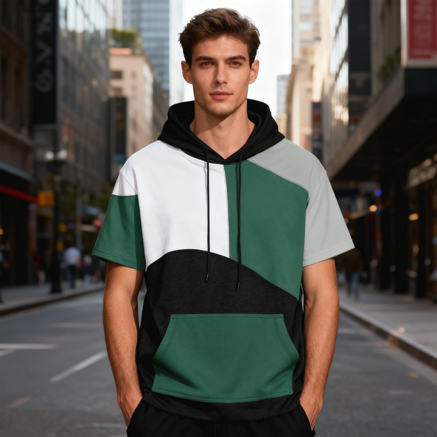 Mens Short Sleeve Hoodie Soft Cotton Color Block T-Shirt Big Pocket Drawstring Summer Half Sleeve Sweatshirt