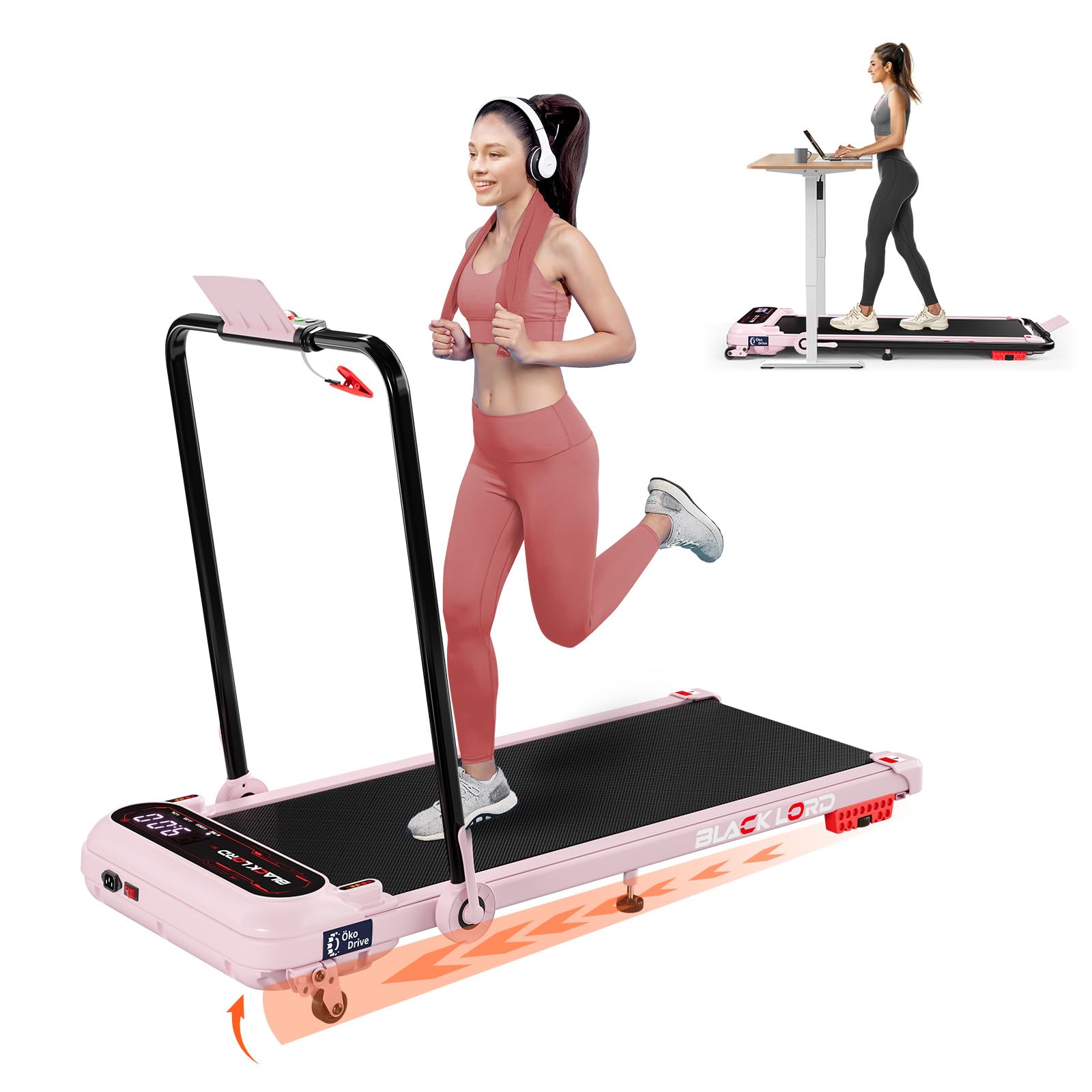 BLACK LORD Tapis de Course, Tapis de Marche Bureau, Moteur Silencieux 3.0HP, 130kg capacité, Suivi Bluetooth, 3 Niveaux Inclinaison, Tapis antidérapant,avec poignée,Rose