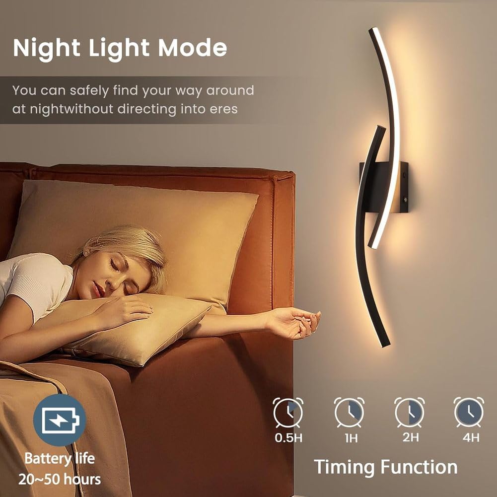 2 pcs LED Luz de Pared Larga 80CM Batería Lámpara de Pared Sin Corriente USB Cargador Aplique de Pared Regulable con Mando a Distancia e Interruptor Táctil Temporizador Luminaria de Pared Lámpara