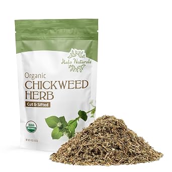 Halo Naturals Organic Chickweed Herb Cut & Sifted, 4 Ounces Stellaria media USDA Certified | Resealable Pouch| Packaged in The USA