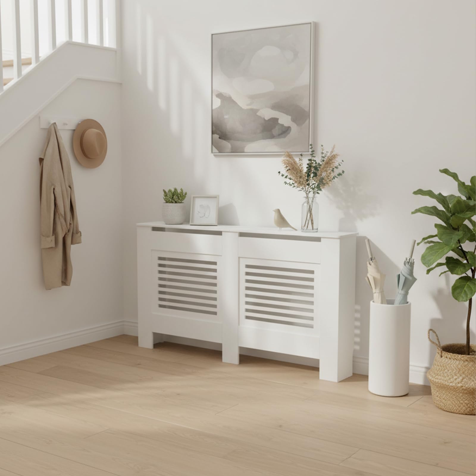 Buybyroom Buffets Altos, Cubierta Radiador, Cubierta Radiador Madera, Lattes Horizontales, para Salón, Dormitorio, Pasillo, 152 X 19 X 82 cm, MDF Blanco