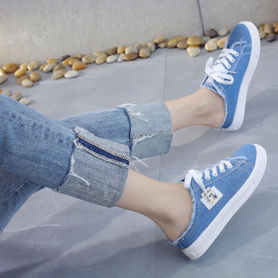 Mules en jean pour femme - Faciles à enfiler - Dos nu - Confortables - Bout rond - Lacets en toile - Demi-baskets légères et respirantes