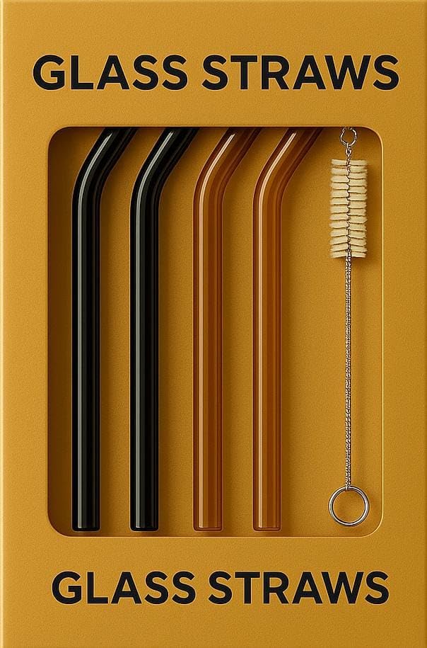 KiKiluxxa Glass Straws with Cleaning Brush -2 Black + 2 Brown Straws & 1 Cleaner - Pack of 5pcs- Clear Reusable, Elegant Alternate to for Drinking Juice, Smoothie 7 inch Straw (PZ4+1)