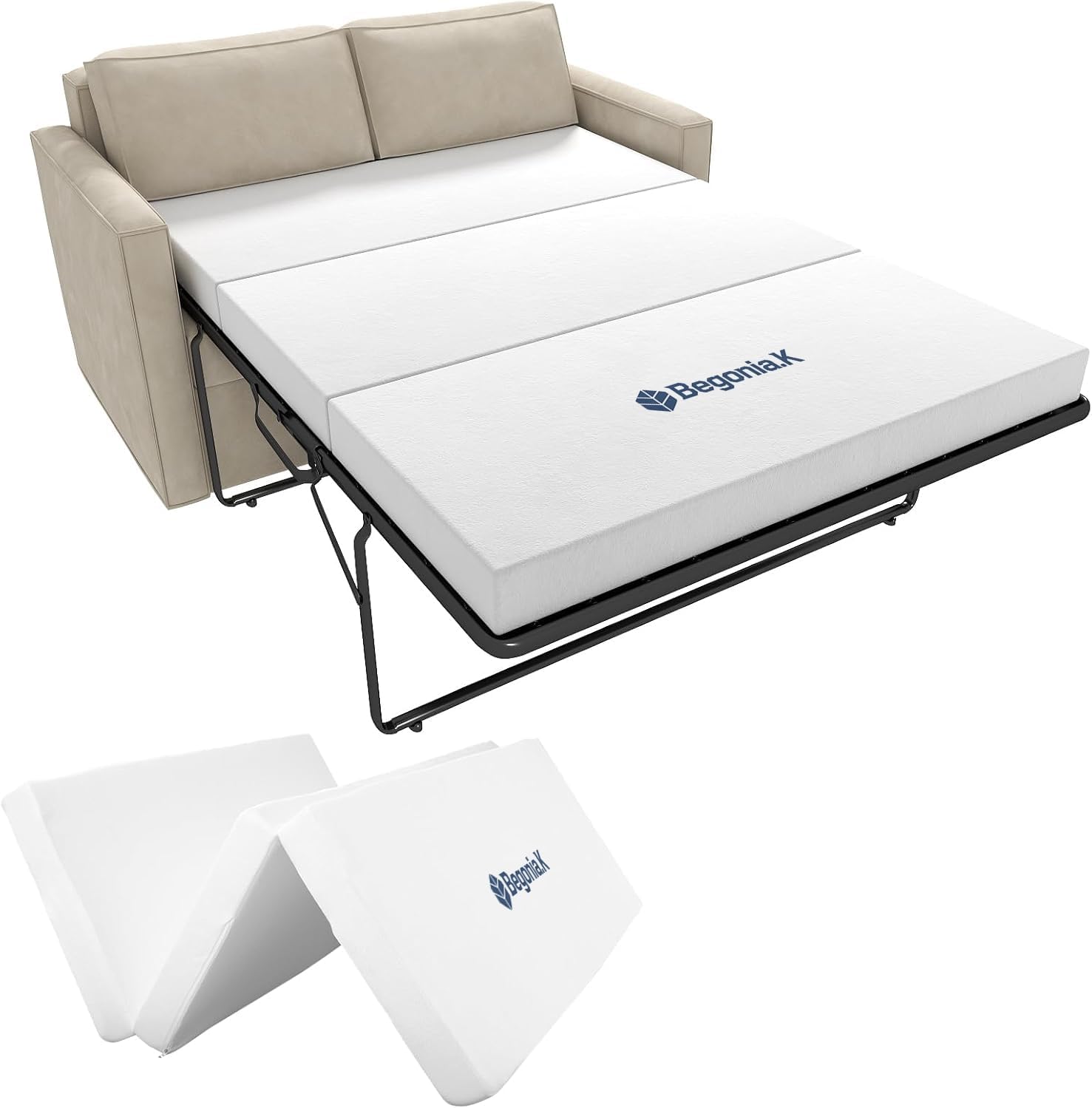 Begonia.K 4 Inch Foldable Memory Foam Sofa Bed Mattress Replacement, Queen Size Pull Out Couch for Sleeper Couch Beds Guest, RV Travel, Camping, 72" L x 59" W x 4" H, Sofa Not Included
