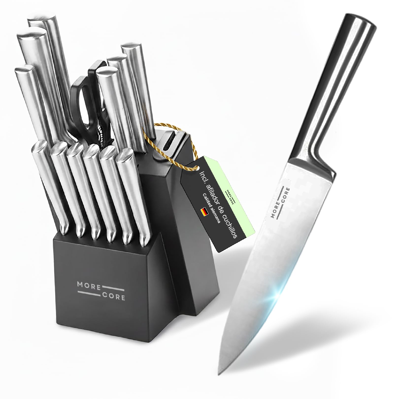 MoreCore Juego de Cuchillos de 14 Piezas, Bloque de Cuchillos con Afilador Integrado, Acero iInoxidable Alemán, Juego de Cuchillos de Chef con Bloque, Cuchillo de Cocina Profesional y Tijeras, Apto Pa