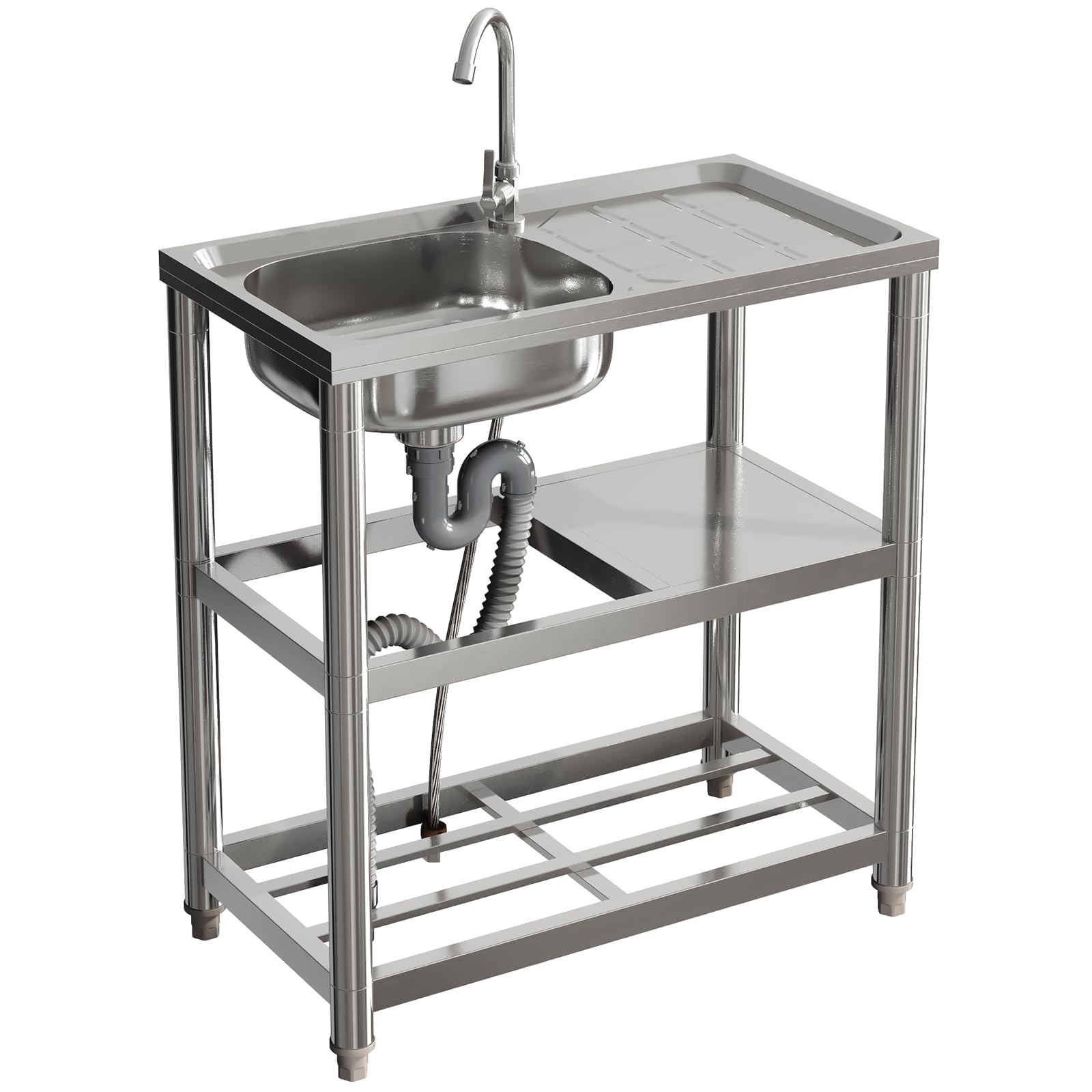 Évier de cuisine à trois niveaux en acier inoxydable 75x40x80 cm lavabo autoportant