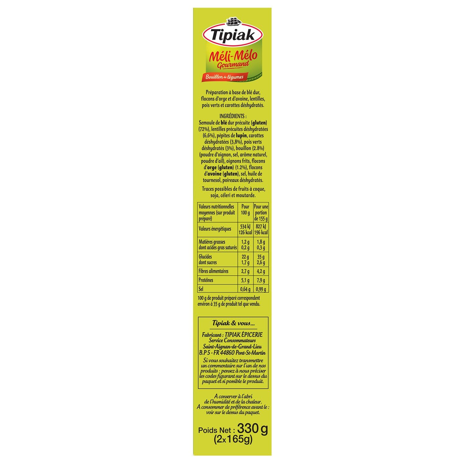 TIPIAK - Méli-Mélo Gourmand Blé Lentilles Orge Pois - Bouillon de légumes · Prêt en 10 min - les 2 sachets de 165 g - 330g - Le Lot De 4