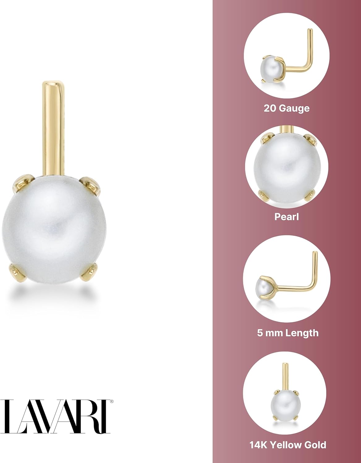 Lavari Jewelers 3 mm Fresh Water Pearl 20 Gauge L-Shape Nose Stud for Women - 14k Yellow Gold Nose Ring - Unisex Stud Hypoallergenic Nostril Piercing Jewelry - 20G Body Piercing for Men