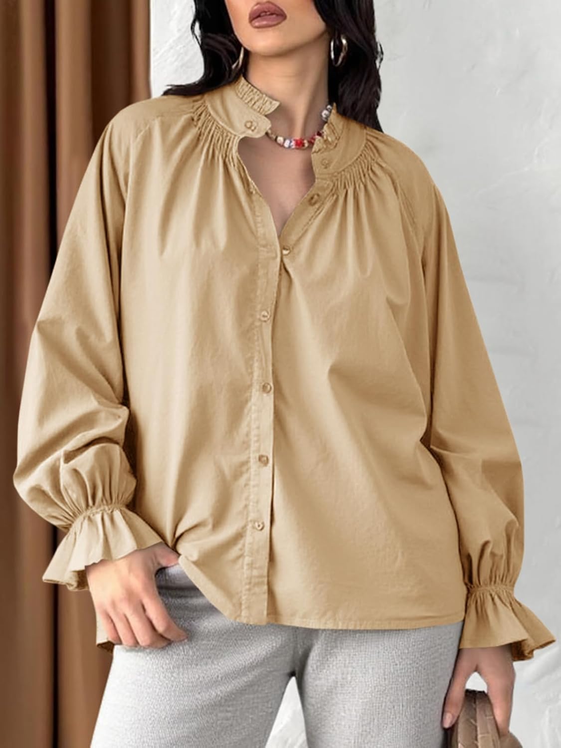 Tankaneo Womens Puff Long Sleeve Button Down Shirts Pleated V Neck Cotton Blouses Loose Fit Casual Ruffle Tops - Image 3