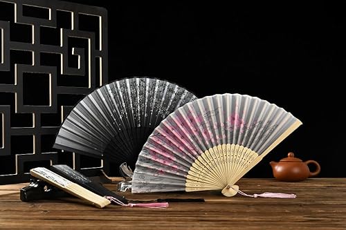 Miniatura 6 de HUNANBANG 4 abanicos de mano plegables de bambú oriental, regalo de boda, regalos de fiesta, decoración de bricolaje, tamaño 8 14 pulgadas, paquete