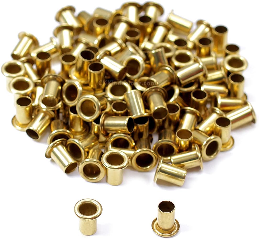 [100 Pack] Polished Brass Eyelets - (#8-12 Length) - (1/4 in. Diameter) - (USA Made) - Rivets for DIY Kydex Holsters, Leather Shoes, and Canvas Cloth