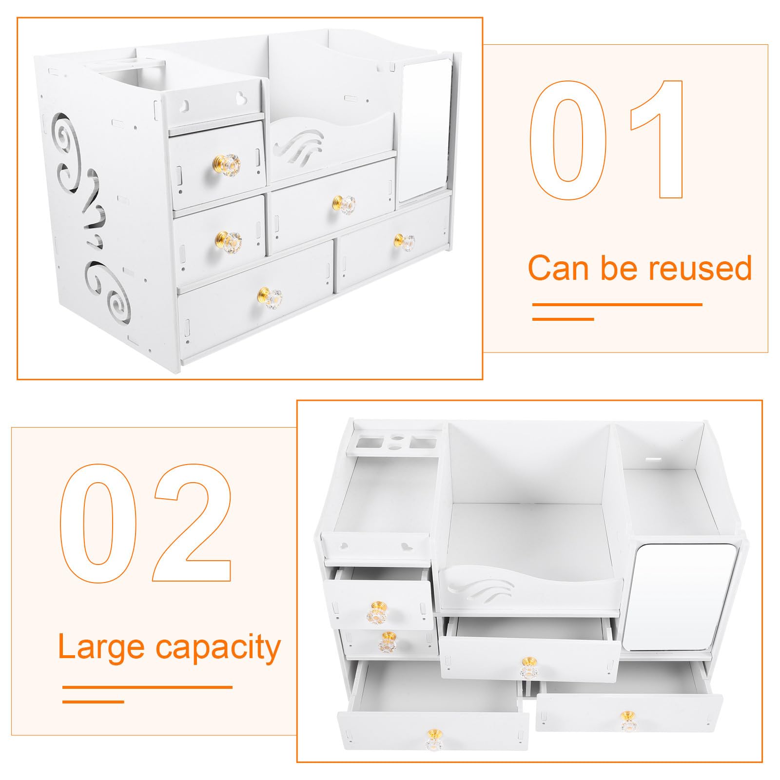 Scatola Organizer Cosmetici da Tavolo con Cassetti, Bianco | Capienza Ampia, Pvc e Pannello Legno-plastica, Accesso Rapido Sul Piano, Struttura Semplice e Decorativa