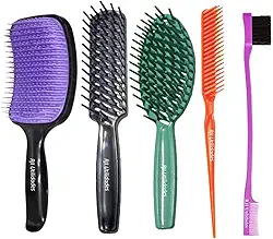 Kit Escovas e Pentes para Cabelo Cacheado e Crespo – Escova Raquete Flexível e Firme + Pente 3 Fileiras Fitagem + Baby Hair 2 em 1 + Pente Profissional