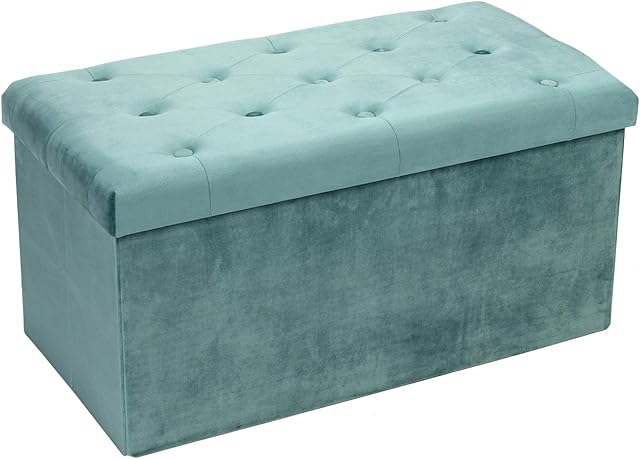 Bonlife Folding Ottoman Storage Bench Crushed Velvet Pouffe Soft Large Footrest Stool Seat Toy Storage Box for Living Room,Malachite Green,80x40x40cm