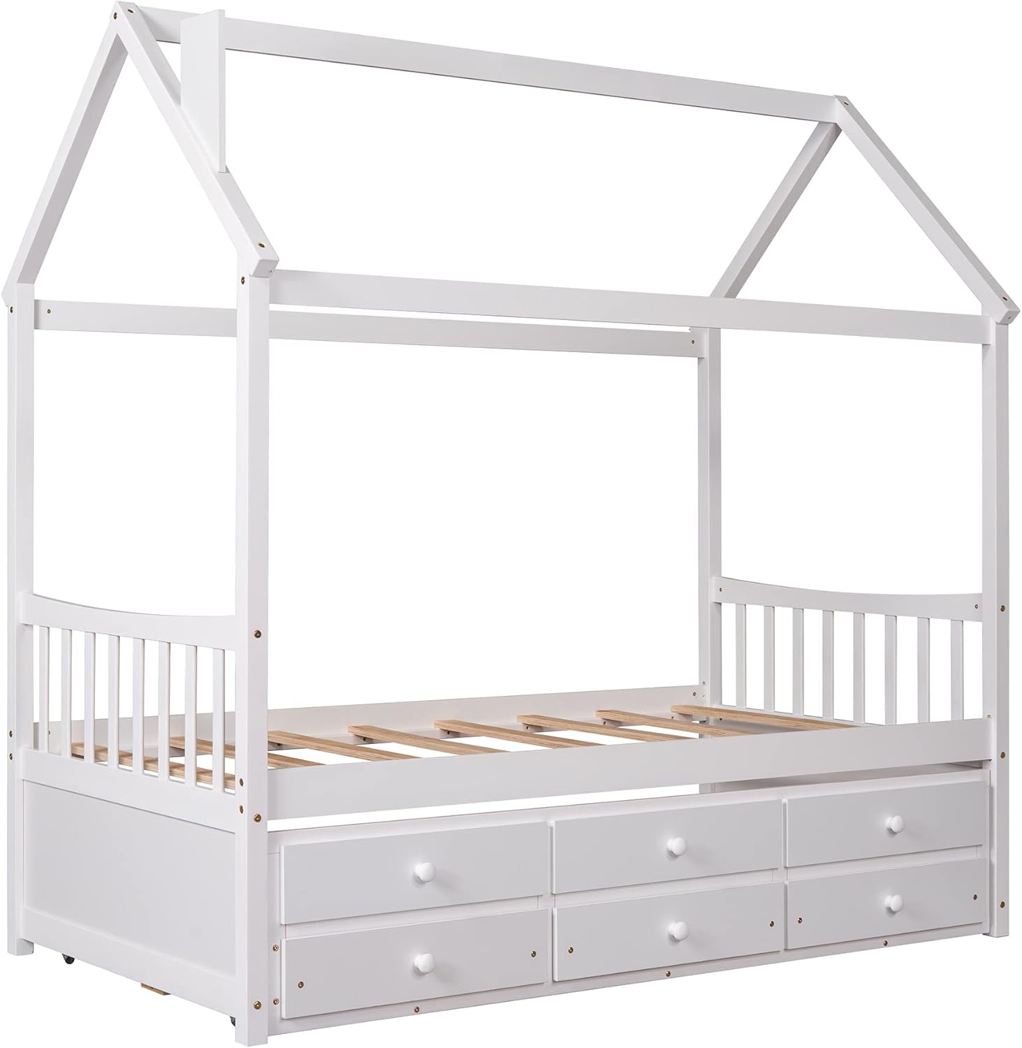 Buy Merax Twin Size Wooden House Bed with Trundle and 3 Storage Drawers, Twin Size Bed Frame