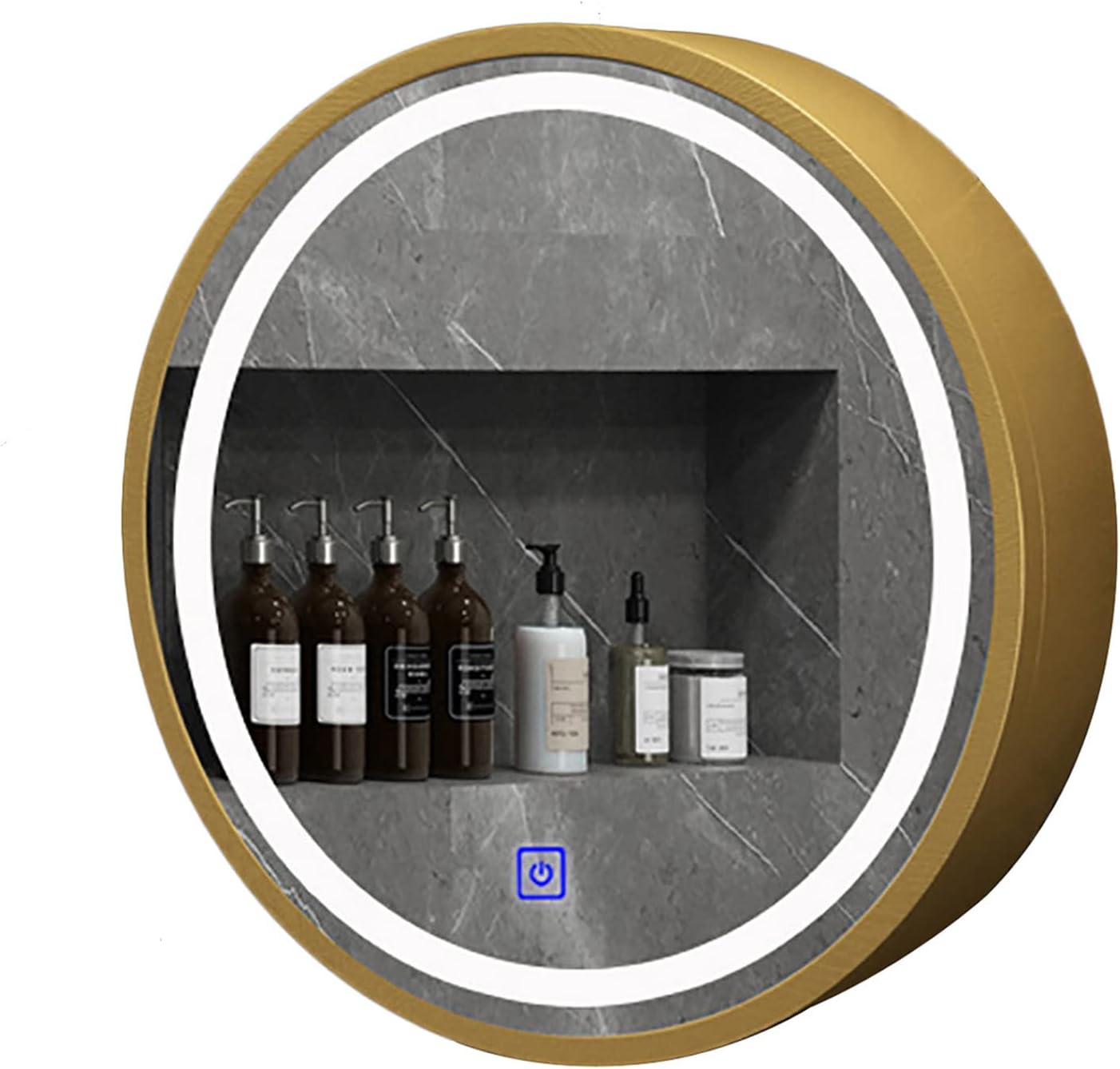 LED Round Mirror Cabinet Touch Control 3 Light Colors-3000k/4500k/6000k, Wall Mounted Wooden Storage Cabinet Bathroom, 2 Tiers Shelves,Gold-60cm/23in,Gold-50cm/19in