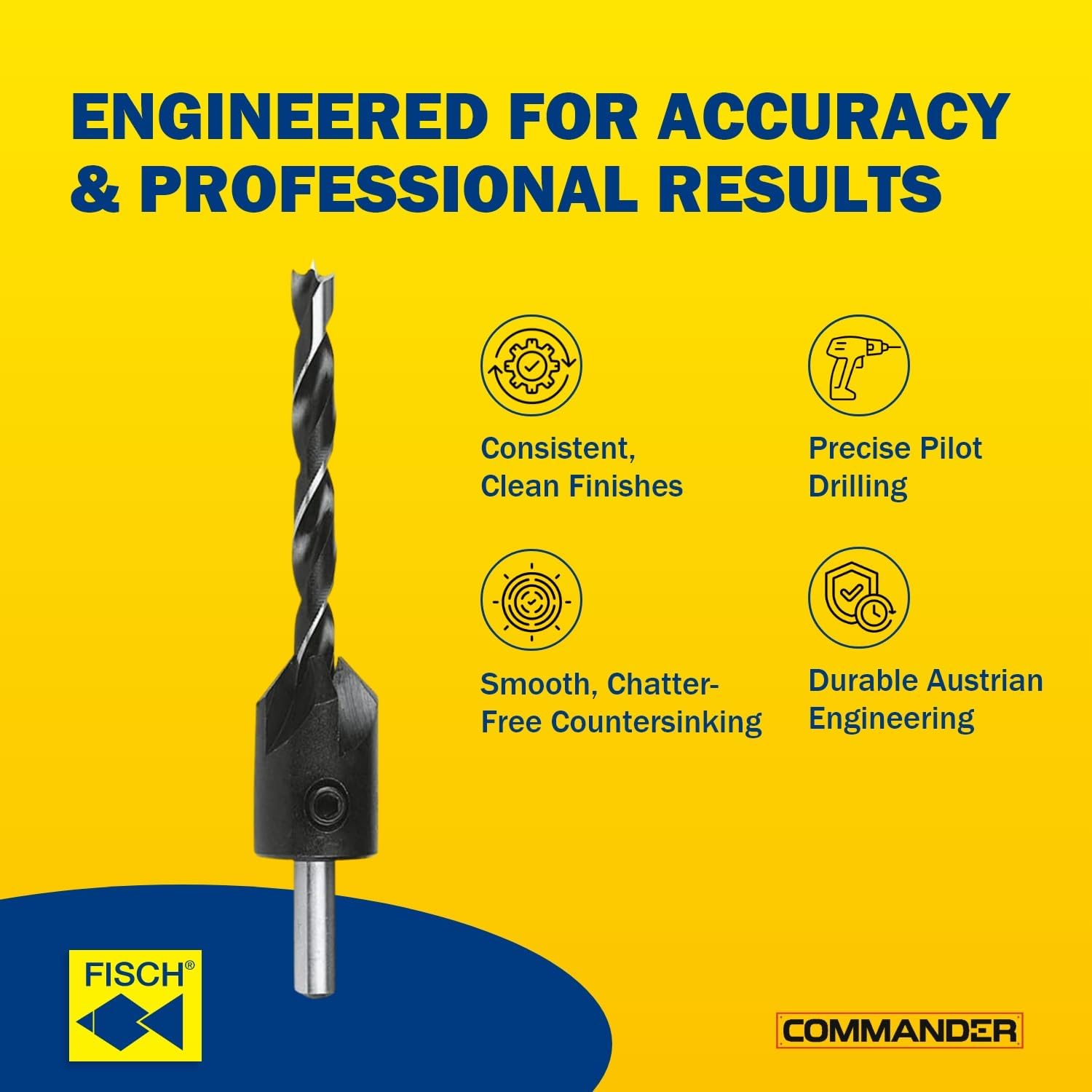 Fisch Brad Point Drill & Countersink Combo Set, 4-Piece (1/8"–1/4") Woodworking Kit with 90° HSS Countersinks, Precision Centre-Point Accuracy, Includes 2 Hex Keys, Made in Austria