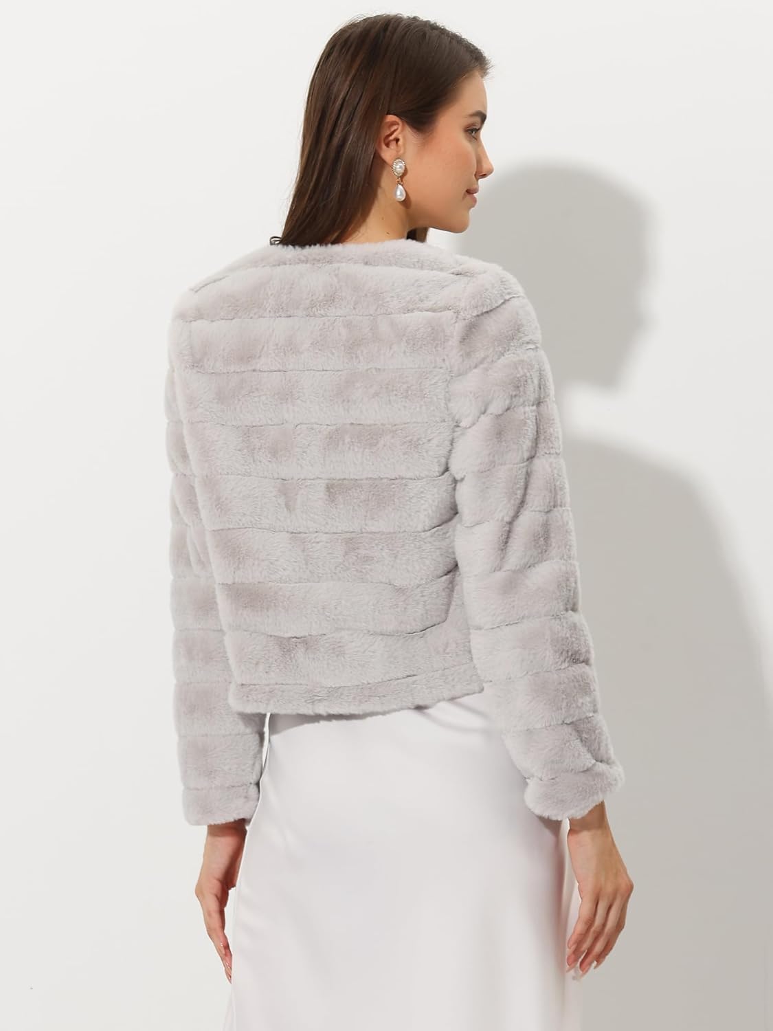 Allegra K Women's Faux Fur Coat Long Sleeve Cropped Fluffy Jacket Collarless Casual Winter Warm Outwear