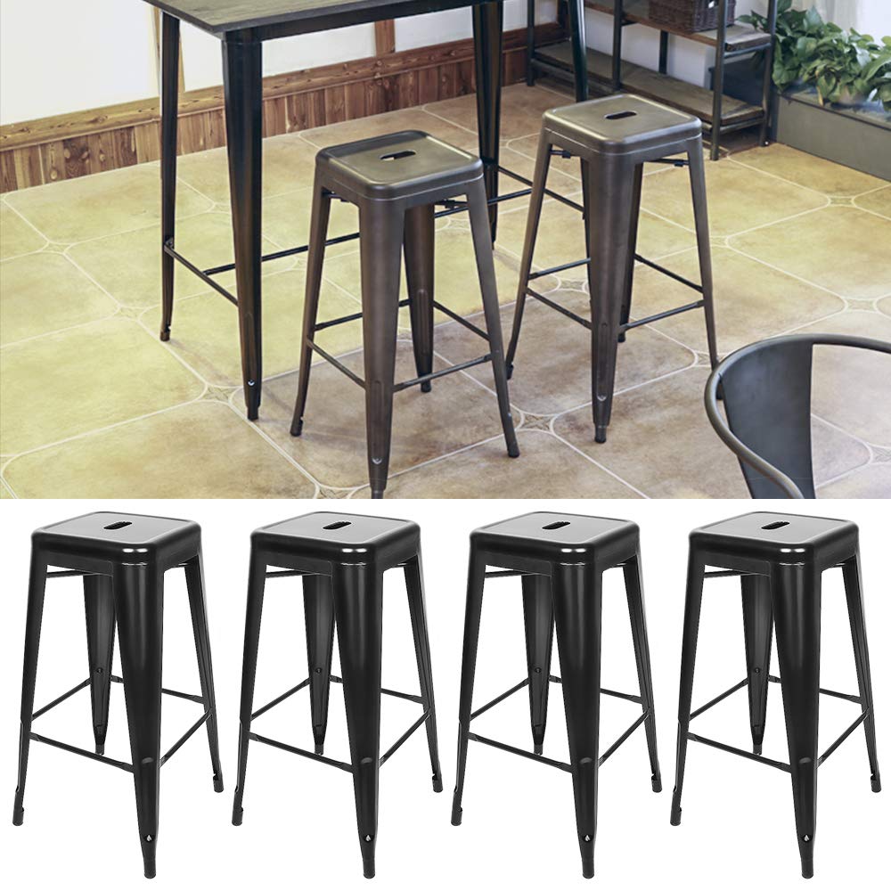 Supfine Tabouret de Bar Industriel Lot de 4 Tabourets Haut Industriels 76cm Metal et Bois, Chaise de Bar Empilable pour Exterieur Interieur, Max. 150kg (Hauteur 76cm, Noir)