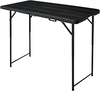 4ft Folding Table, Portable Fold-in-Half Adjustable Height Utility Table for Indoor/Outdoor Use, Durable HDPE & Steel, Stable & Lightweight, Multi-Purpose, Black Woodgrain