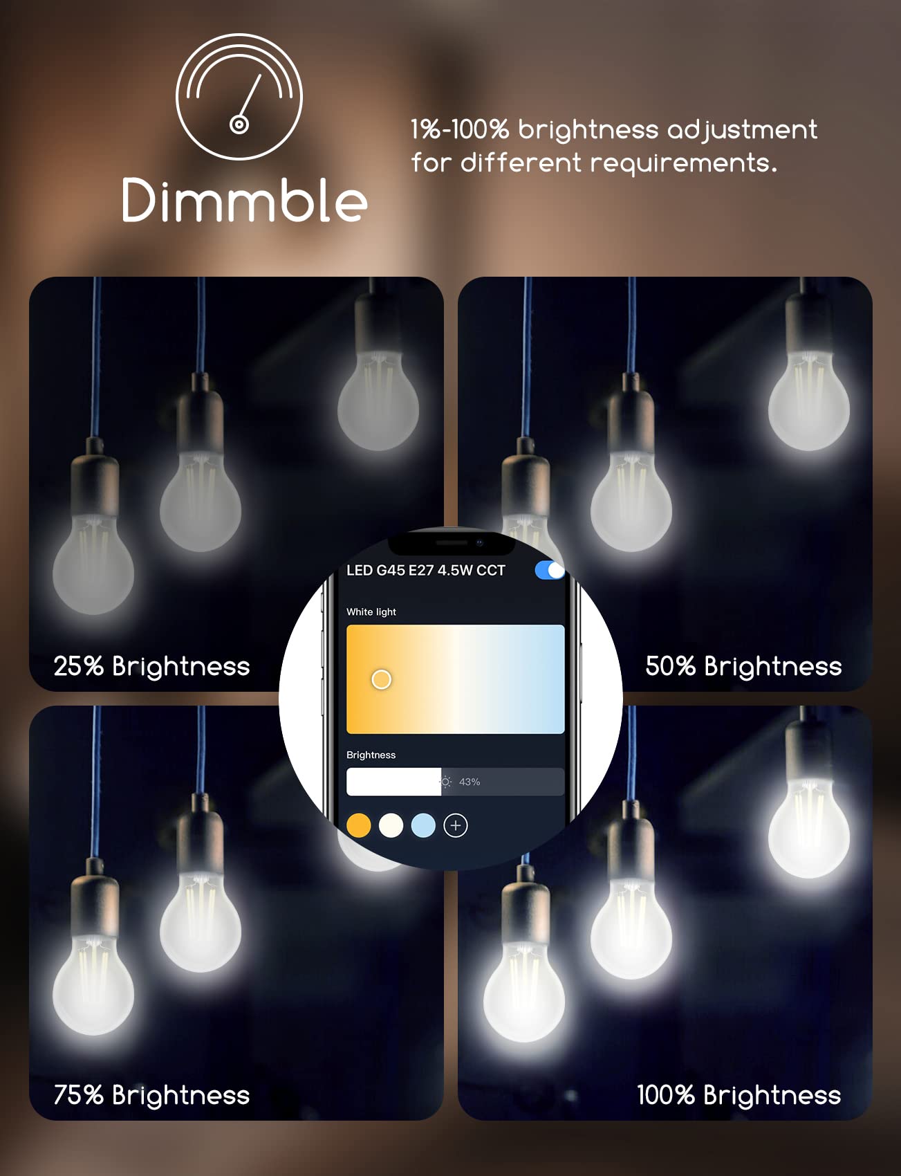 Aigostar Lampadine Alexa, Lampadine Led E27 Vintage, G45 Transparente Lampadine Filamento a Globo, 4.5W, 470LM, Bianco Caldo Dimmerabile 2700K - 6500K, Compatibile con Alexa e Google Home, 4 Unità