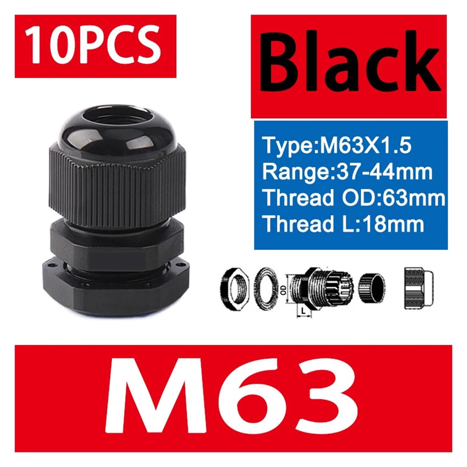 Prensaestopas, nailon impermeable IP68, plástico negro, M8-M63, paquete de 10
