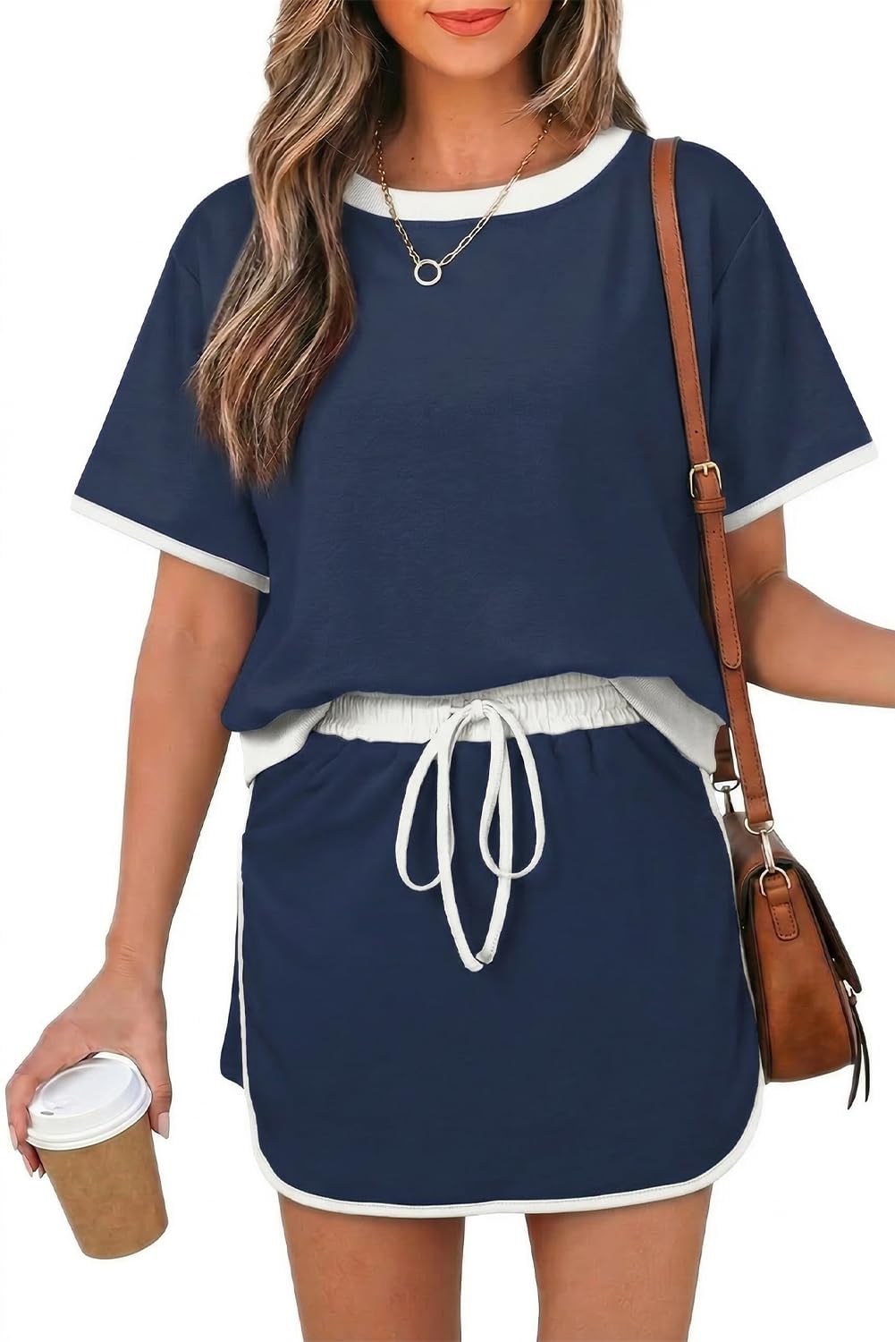 Womens 2 Piece Skort Set 2026 Color Block Short Sleeve Top Drawstring Skort Matching Sets Casual Lounge Summer