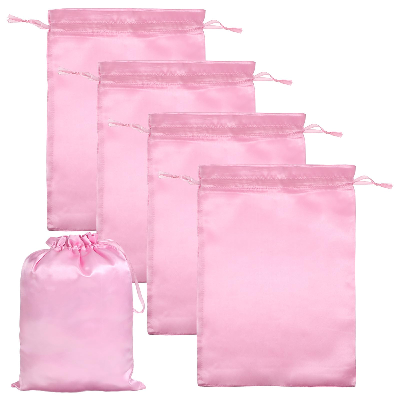 4PCS Satin Bags with Drawstring, Pink Wig Bags Storage Soft Hair Packaging Bag Travel Bag & Large Storage for Multiple Wigs, Bundles, Extensions, Salon Use (Pink)